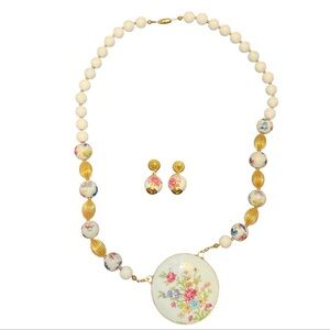 Vintage Hand Painted Porcelain Floral White Beaded Necklace and Gold Earring Set